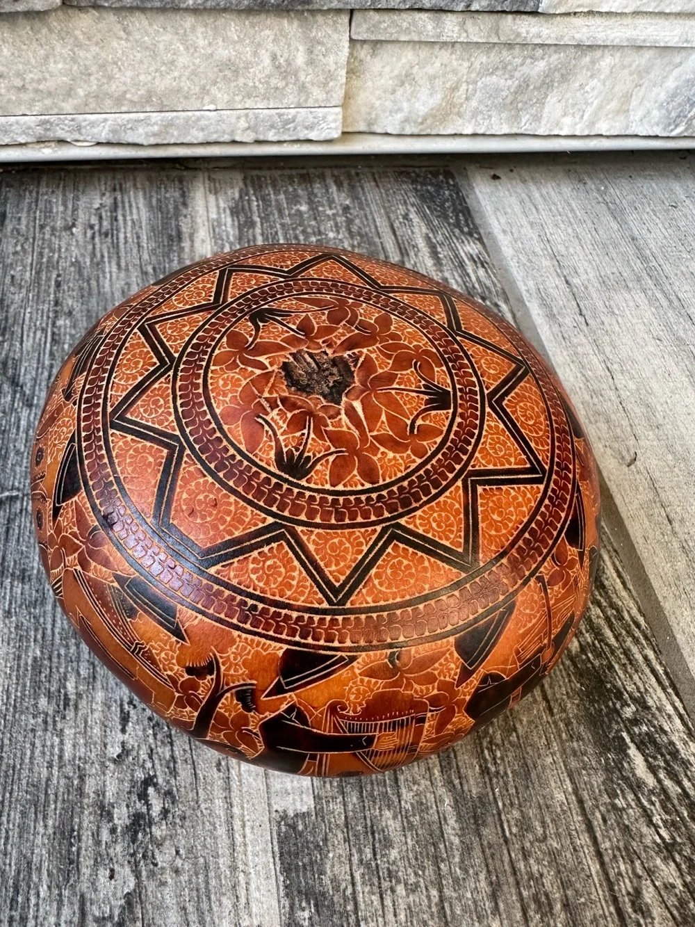 Vintage Hand Carved Gourd Peruvian  Decor Art